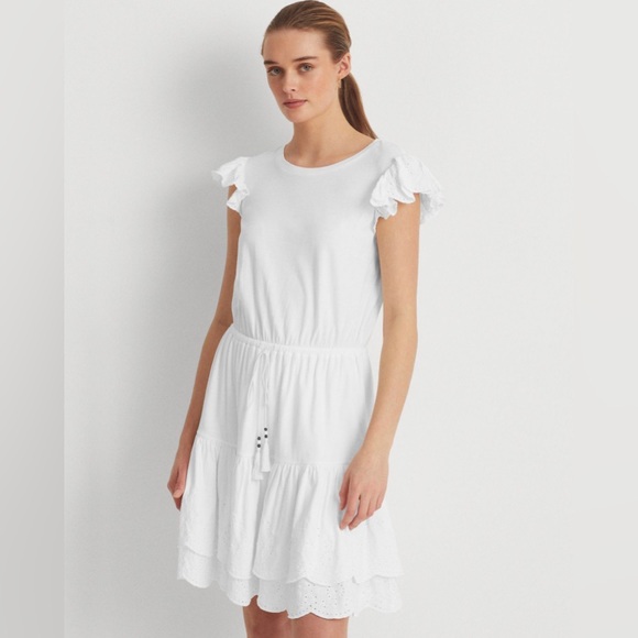 RALPH LAUREN Womens White Eyelet Ruffled Drawstring Waist Lined Tiered - Picture 3 of 3